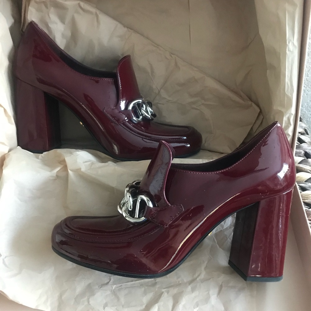 Burgundy Patent Chain-Accent Women's Block Heel Loafers - Picture 4 of 5